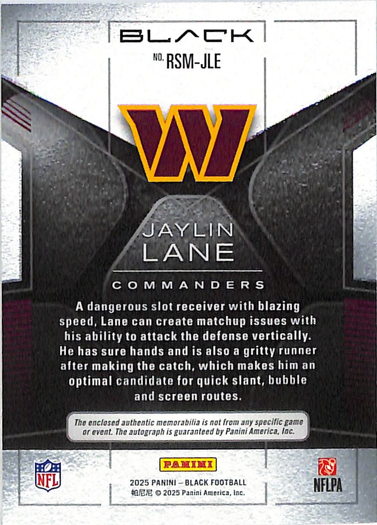 2025 Panini Black Jaylin Lane Rookie Patch Auto /10  RC #RSM-JLE Commanders
