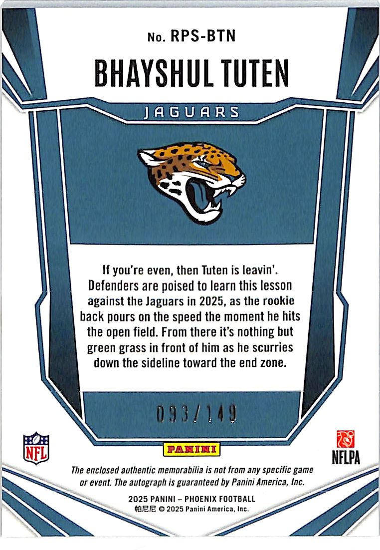 2025 Panini Phoenix Bhayshul Tuten Rookie Patch Auto /149 RC #RPS-BTN Jaguars