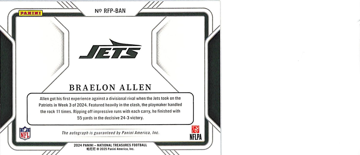 2025 National Treasures Braelon Allen Field Pass Auto Rookie /99 RC RFP-BAN Jets