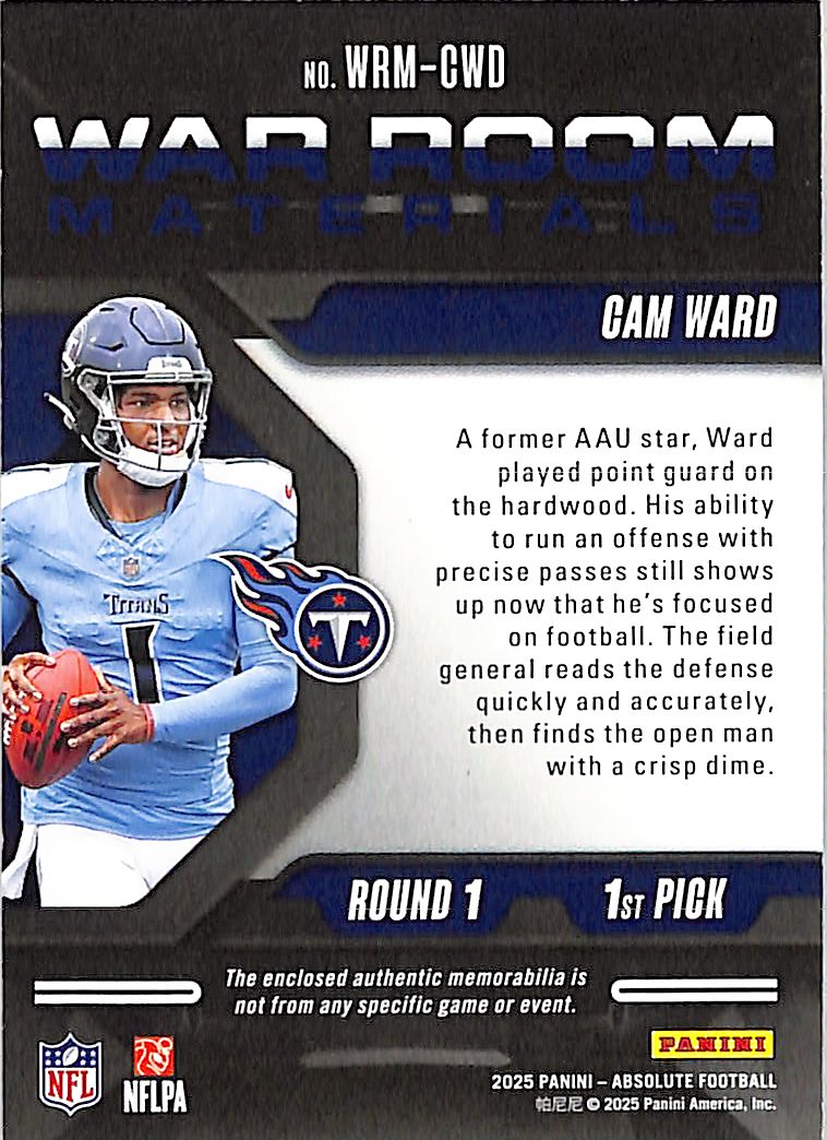 2025 Panini Absolute Football Cam Ward Rookie Patch /49 RC #WRM-CWD Titans