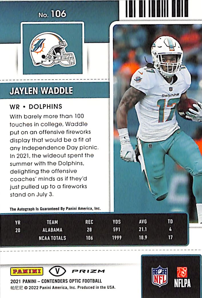 2022 Panini Contenders Optic Jaylen Waddle Rookie Auto Variation RC 106 Dolphins