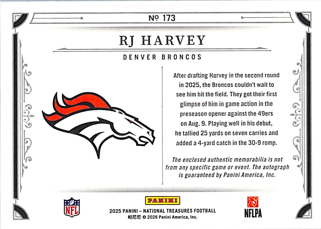 2026 Panini National Treasures RJ Harvey Rookie Patch Auto /99 RC #173 Broncos