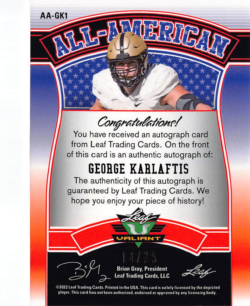 2022 Leaf Valiant George Karlaftis Orange Rookie Auto /75 #AA-GK1 Purdue
