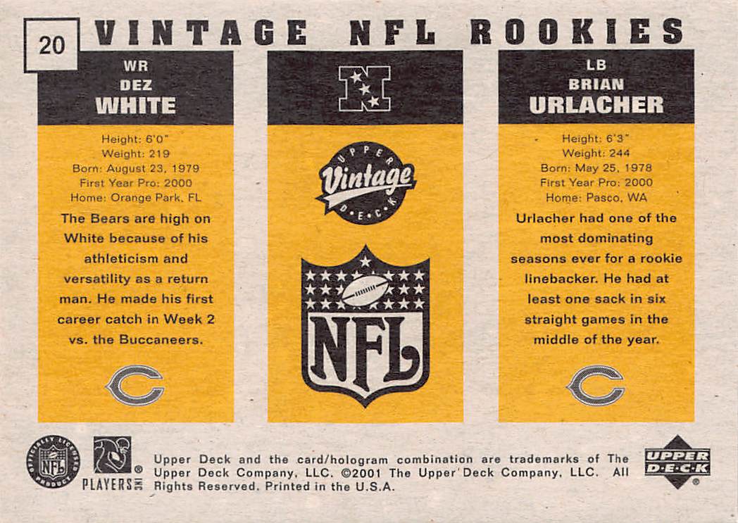 2001 Upper Deck Vintage Dez White Brian Urlacher Rookie /1000 #20 Chicago Bears