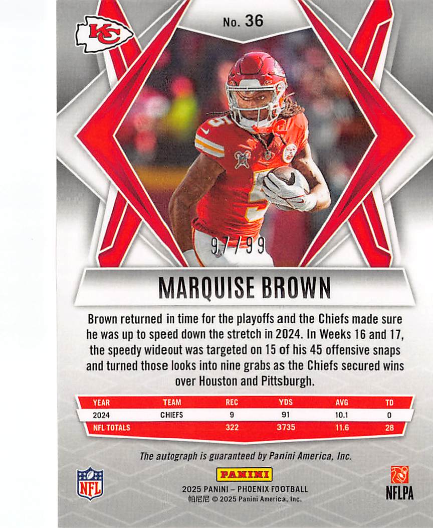 2025 Panini Phoenix Football Marquise Brown Autograph /99 #36 Kansas City Chiefs