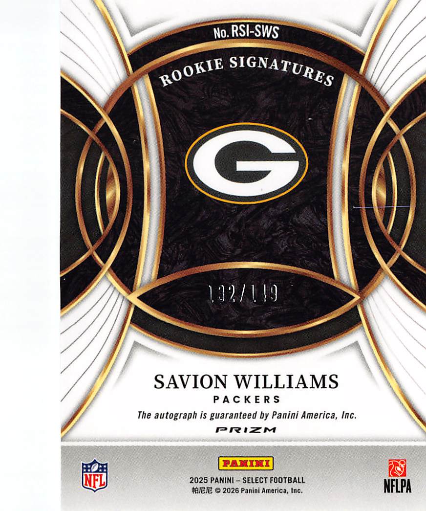2025 Panini Select Savion Williams Blue Rookie Auto /149 #RSI-SWS Packers