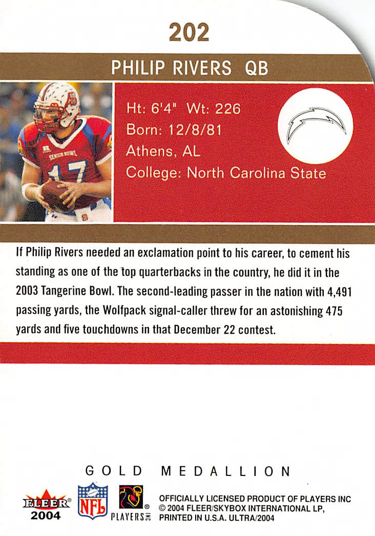 2004 Fleer Ultra Philip Rivers Gold Medallion Rookie #202 San Diego Chargers