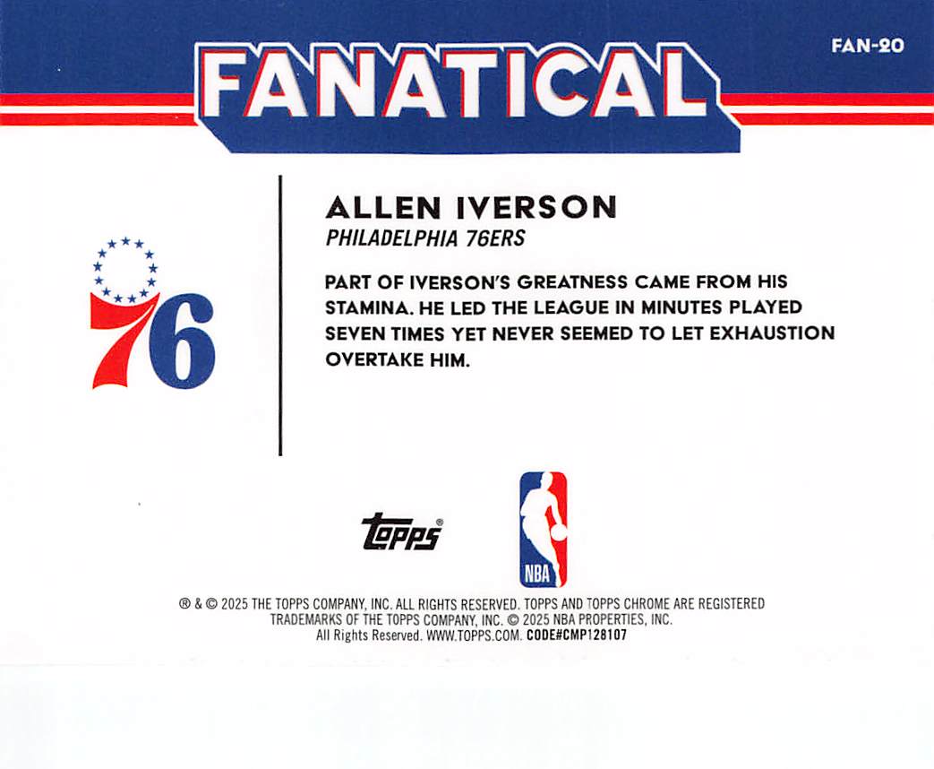 2025=26 Topps Chrome Fanatical Allen Iverson #FAN-20 Philadelphia 76ers