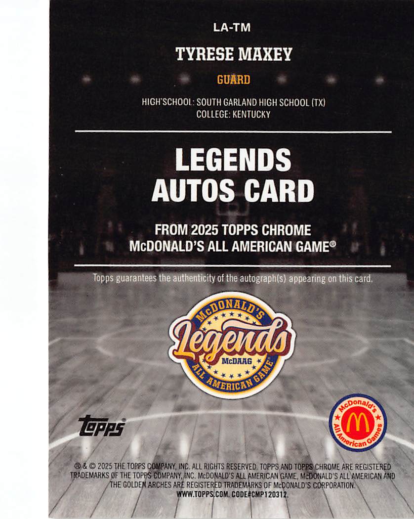 2025 Topps Chrome McDonald's All American Game Tyrese Maxey Gold Auto /75 #LA-TM