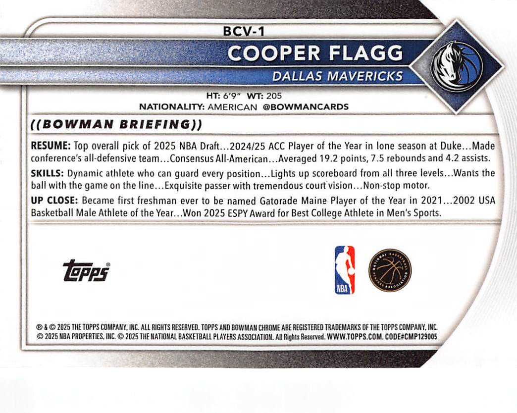 2025-26 Bowman Chrome Cooper Flagg Rookie RC #BCV-1 Dallas Mavericks