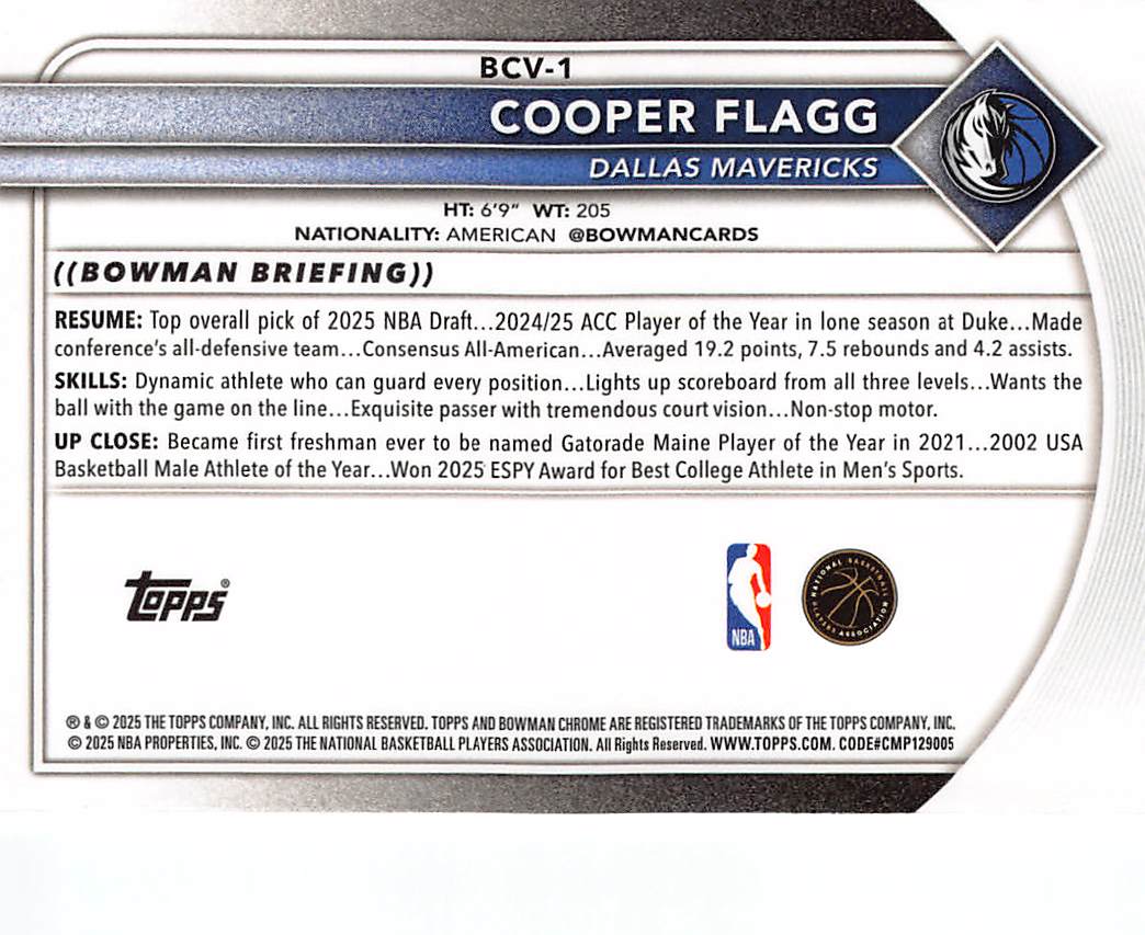 2025-26 Bowman Chrome Cooper Flagg Rookie RC #BCV-1 Dallas Mavericks