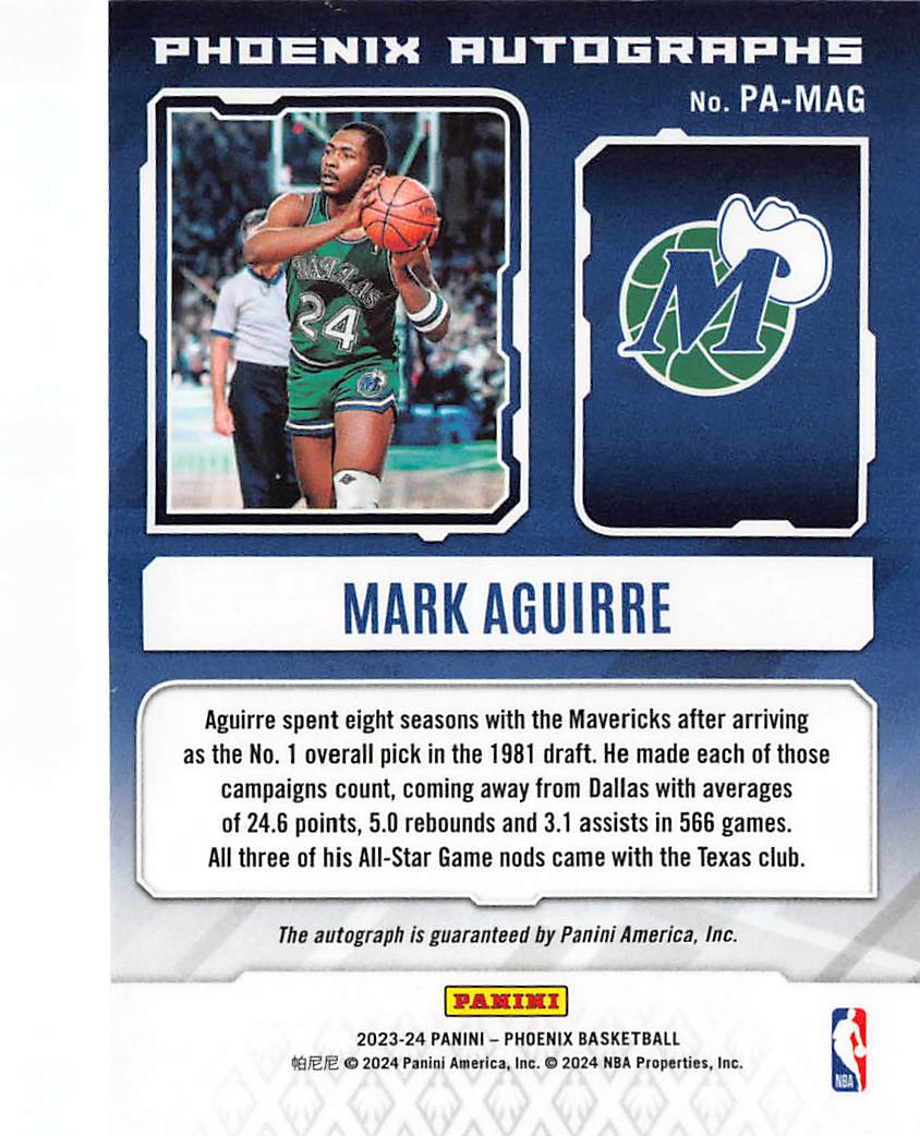 2023-24 Panini Phoenix Mark Aguirre Auto Autograph #PA-MAG Dallas Mavericks