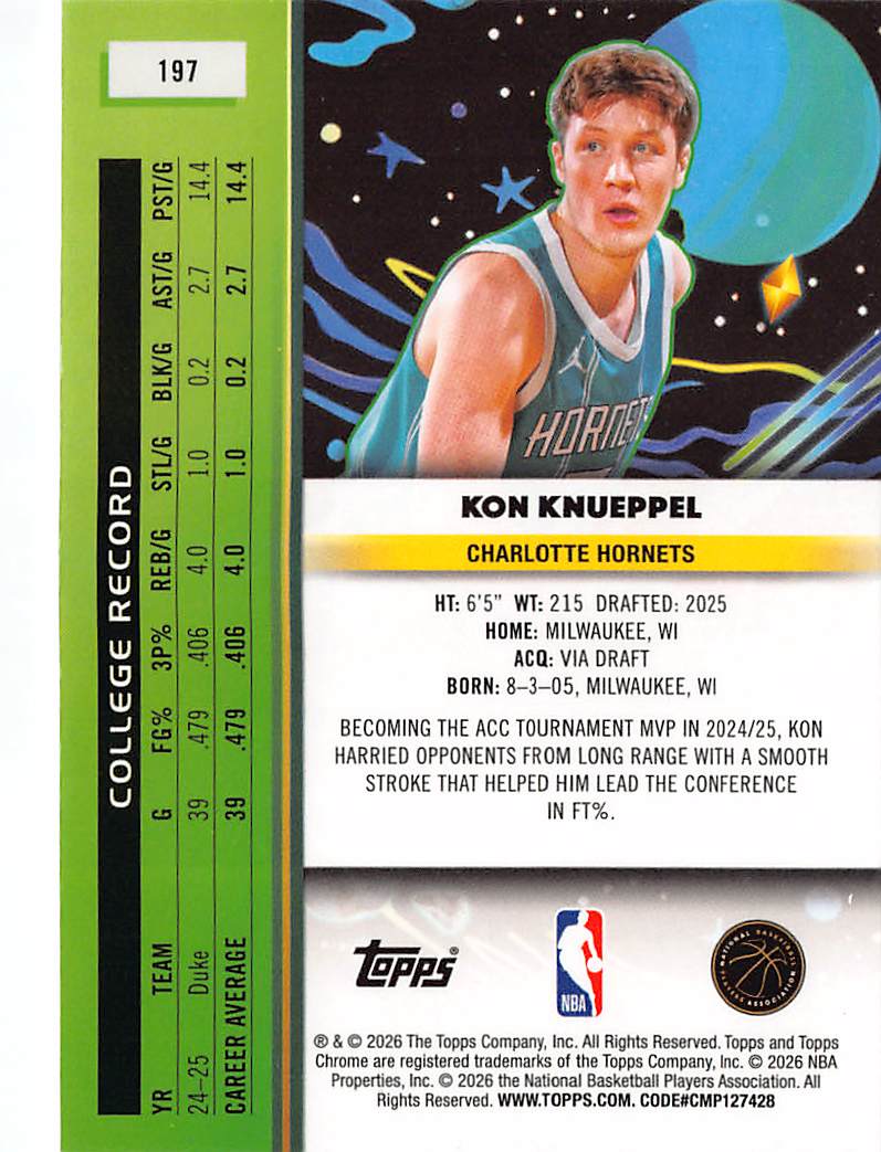 2025-26 Topps Chrome Kon Knueppel Rookie RC #197 Charlotte Hornets