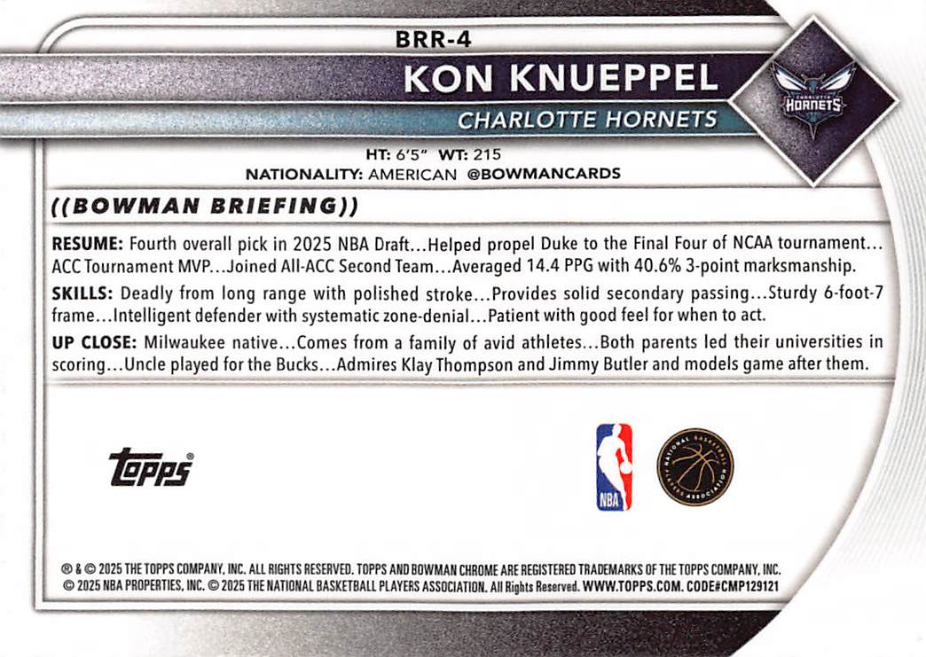 2025 Topps Bowman Chrome Kon Knueppel Red Rookie RC #BRR-4 Charlotte Hornets