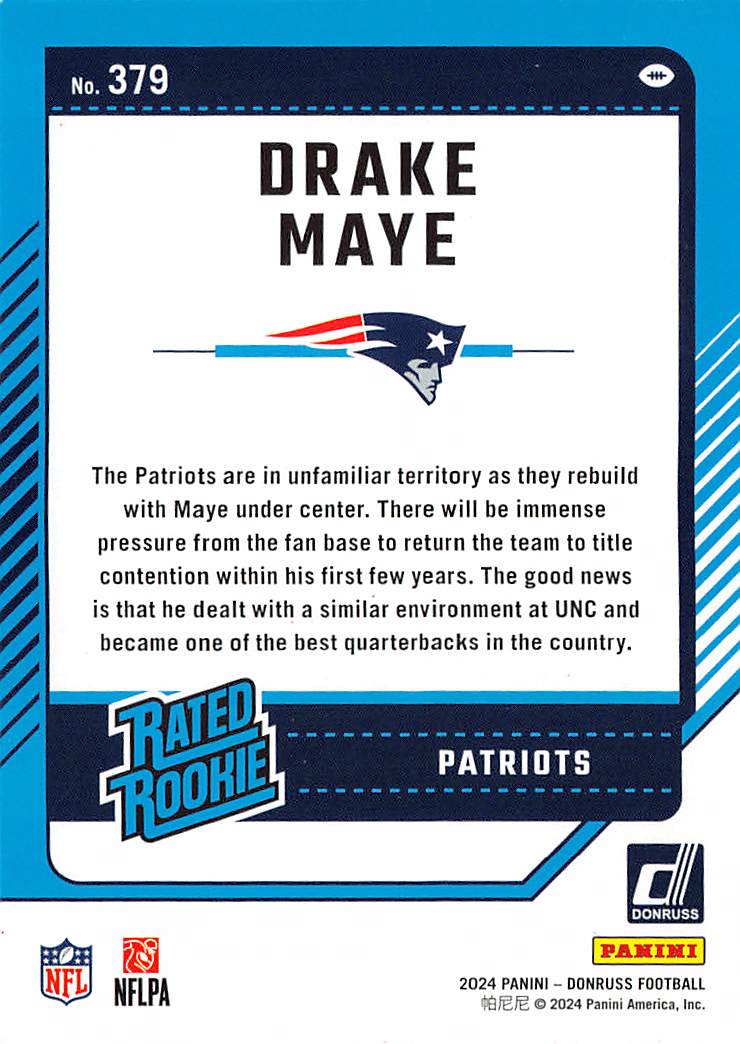 2024 Panini Donruss Drake Maye Rated Rookie #379 New England Patriots