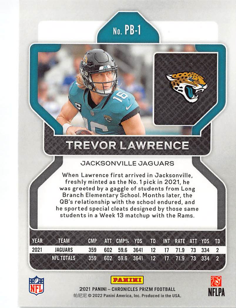 2022 Panini Chronicles Prizm Trevor Lawrence Black Rookie RC #PB-1 Jaguars