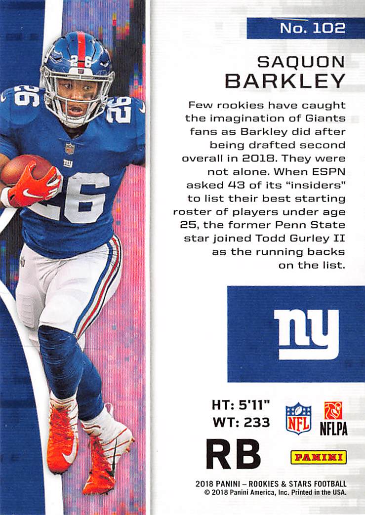 2018 Panini Rookies & Stars Football Saquon Barkley Rookie RC #102 Giants