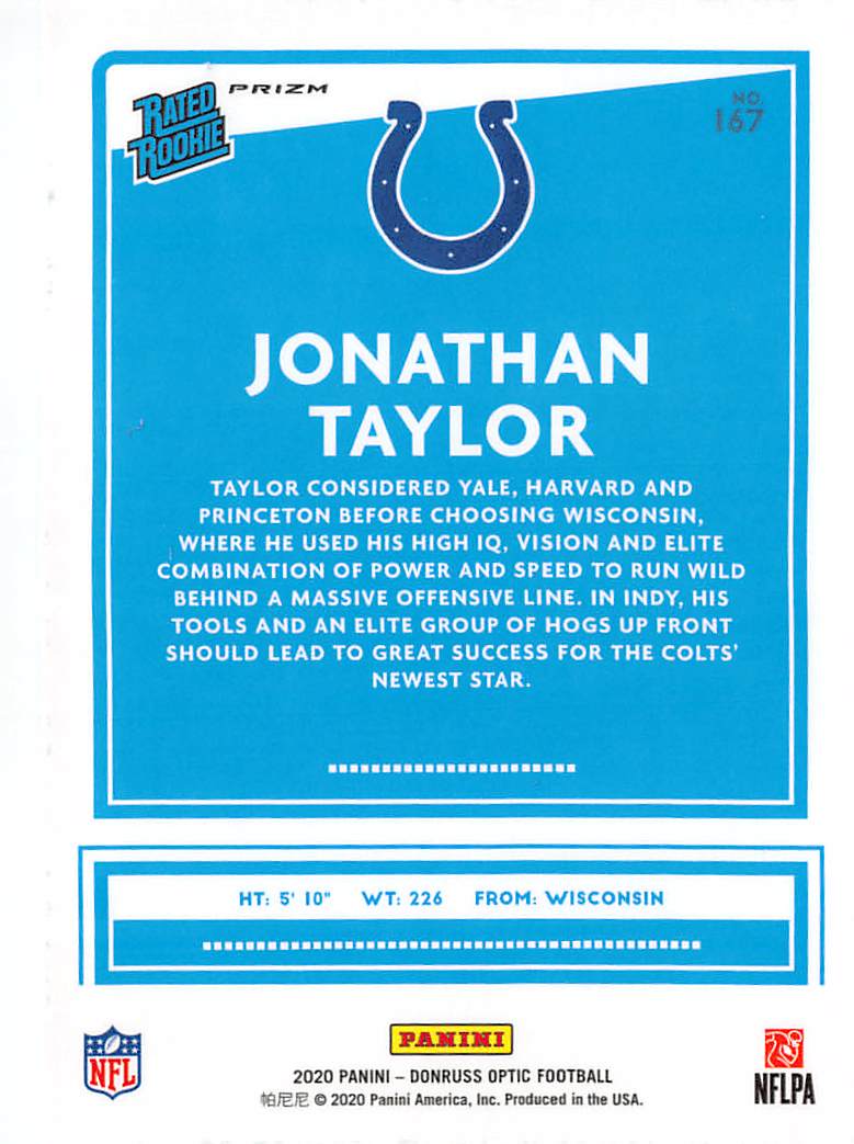 2020 Panini Donruss Optic Jonathan Taylor Purple Flash Rookie #167 Colts