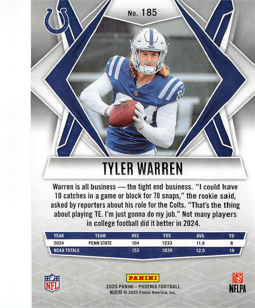2025 Panini Phoenix Football Tyler Warren Silver Rookie RC #185 Colts