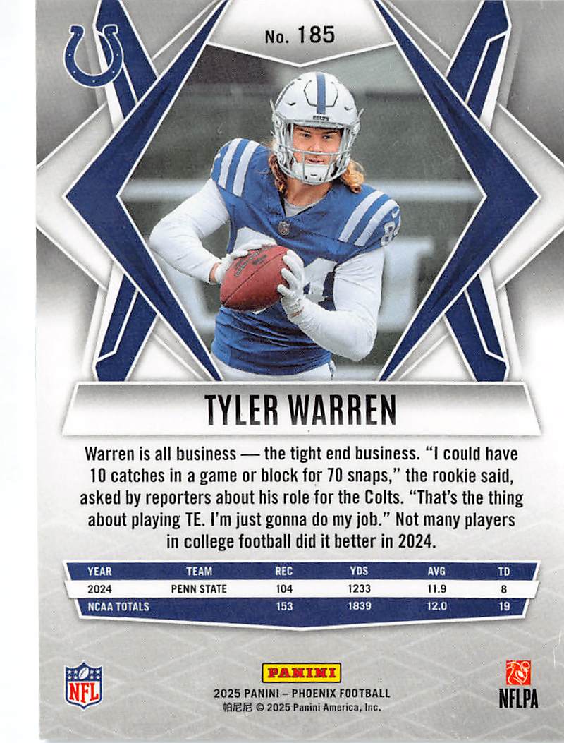 2025 Panini Phoenix Football Tyler Warren Silver Rookie RC #185 Colts
