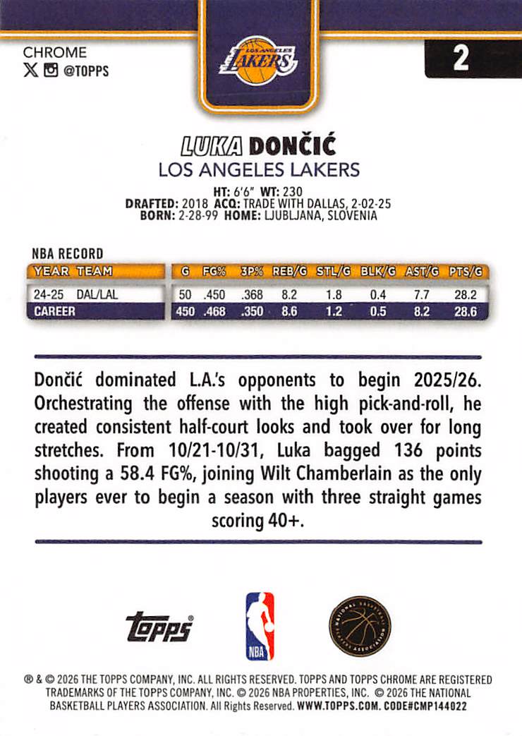 2026 Topps Chrome Luka Dončić X-Fractor #2 Los Angeles Lakers