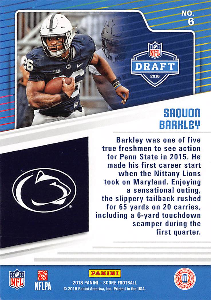2018 Panini Score Saquon Barkley Draft Rookie #6 Penn State Nittany Lions
