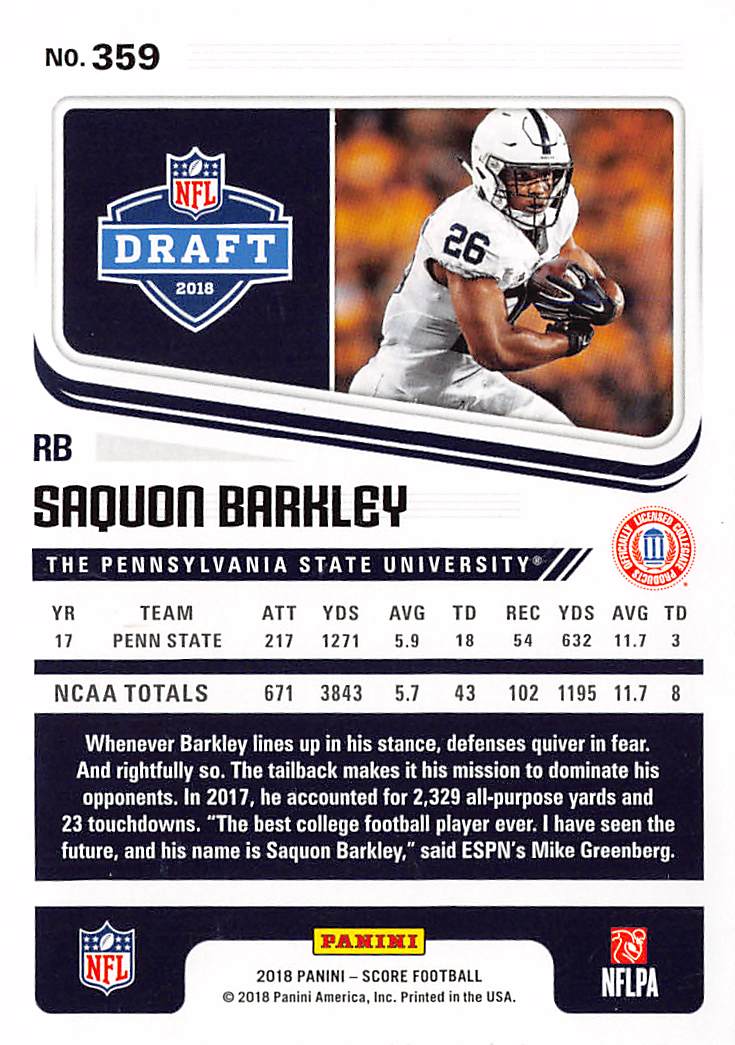 2018 Panini Score Saquon Barkley Rookie RC #359 Penn State Nittany Lions