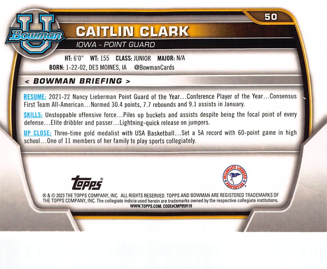 2023-24 Bowman University Caitlin Clark Rookie #50 Iowa Hawkeyes