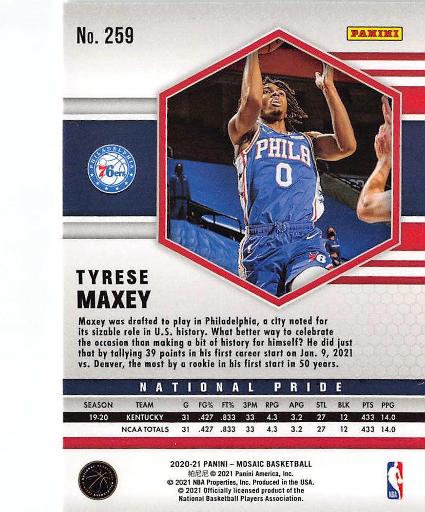 2020-21 Mosaic Tyrese Maxey Silver Rookie #259 Philadelphia 76ers