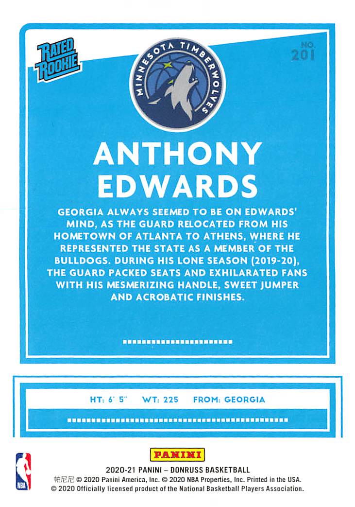 2020-21 Panini Donruss Anthony Edwards Rookie #201 Minnesota Timberwolves