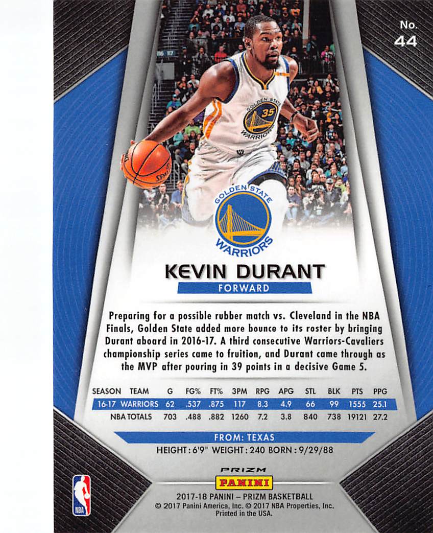 2017-18 Panini Prizm Kevin Durant Red White Blue #44 Golden State Warriors