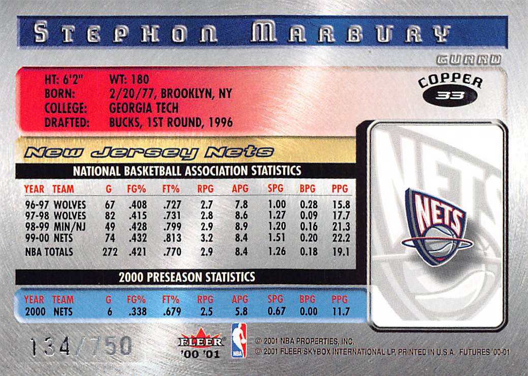 2001-02 Fleer Futures Stephon Marbury Copper /750 - /750 #33 New Jersey Nets