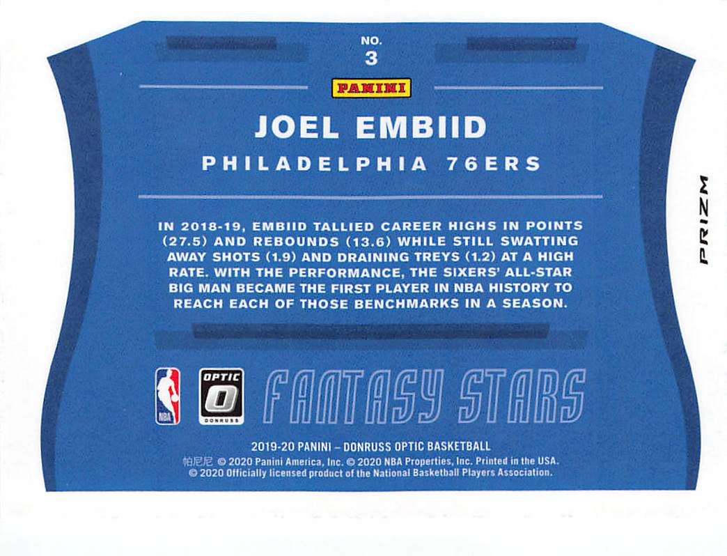 2019-20 Panini Donruss Optic Joel Embiid Holo Fantasy Stars #3 76ers