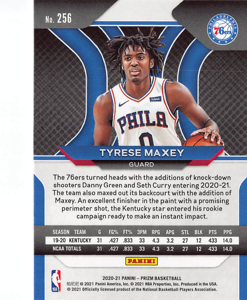 2020-21 Panini Prizm Tyrese Maxey Rookie RC #256 Philadelphia 76ers