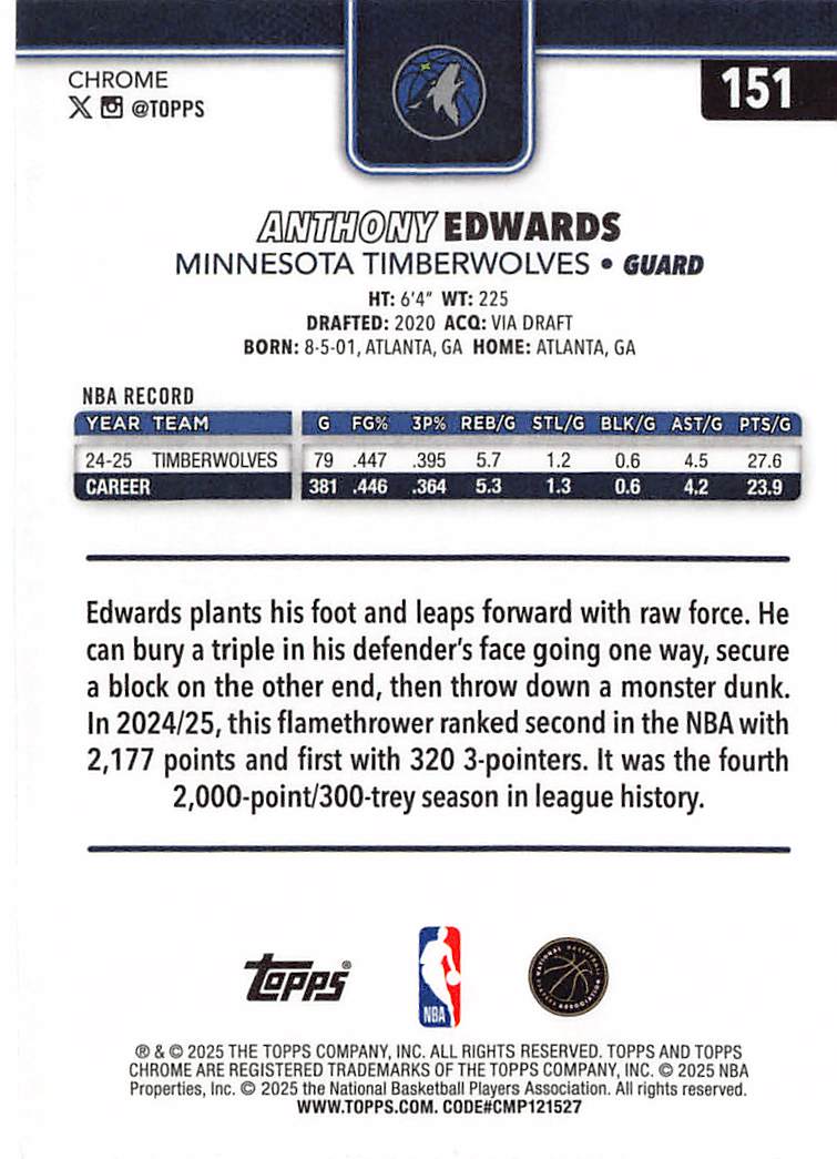 2025-26 Topps Chrome Anthony Edwards Basketball Refractor #151 Timberwolves