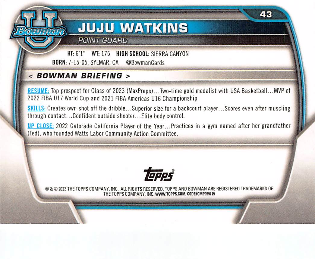 2023 Bowman University JuJu Watkins Rookie #43 USC Trojans