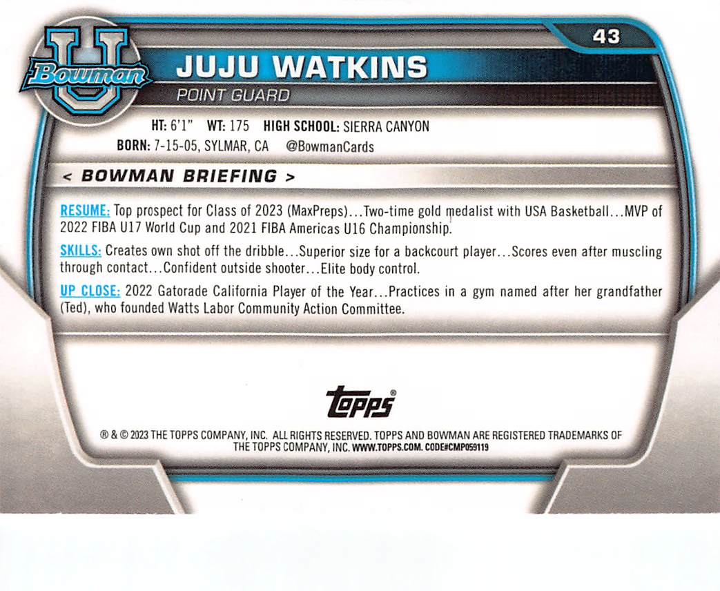 2023-24 Bowman University Best JuJu Watkins Rookie #43 USC Trojans