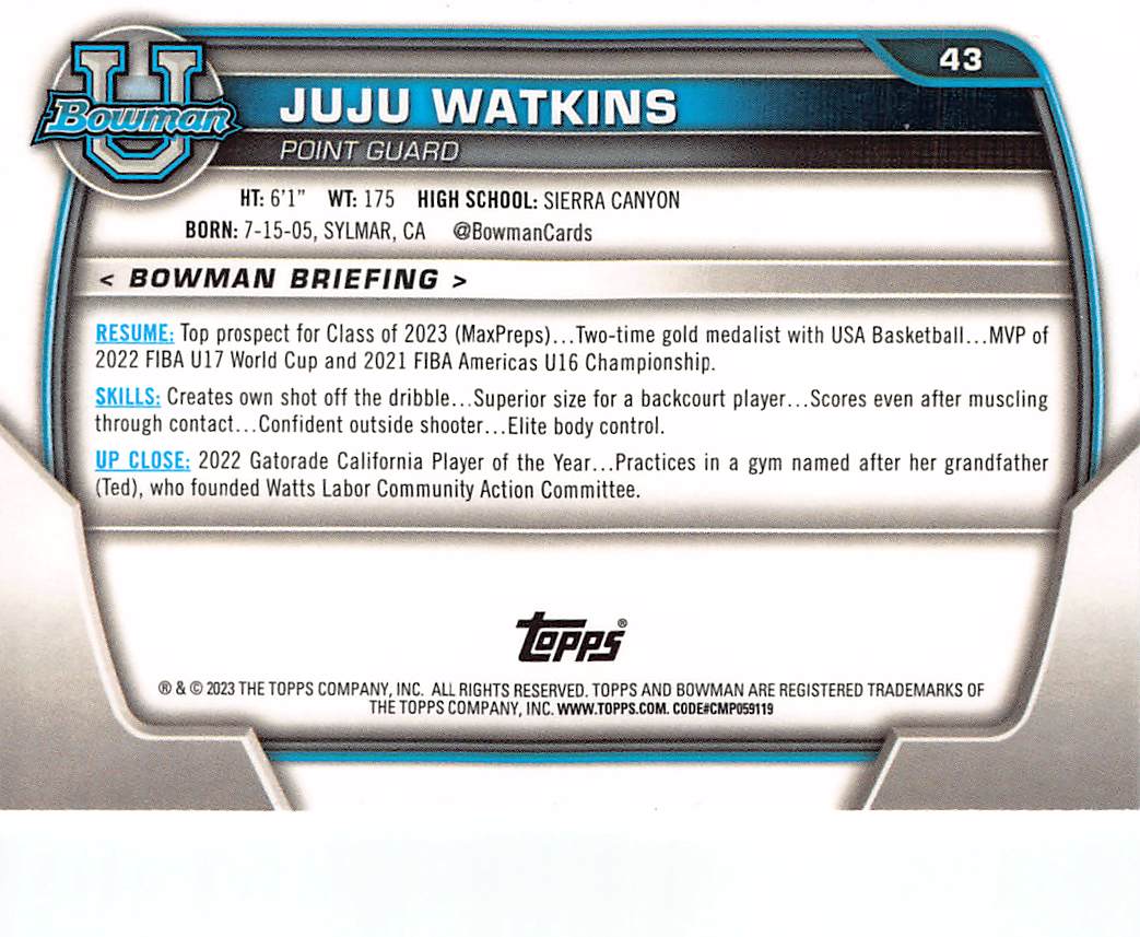 2023-24 Bowman University Basketball JuJu Watkins Rookie #43 USC Trojans