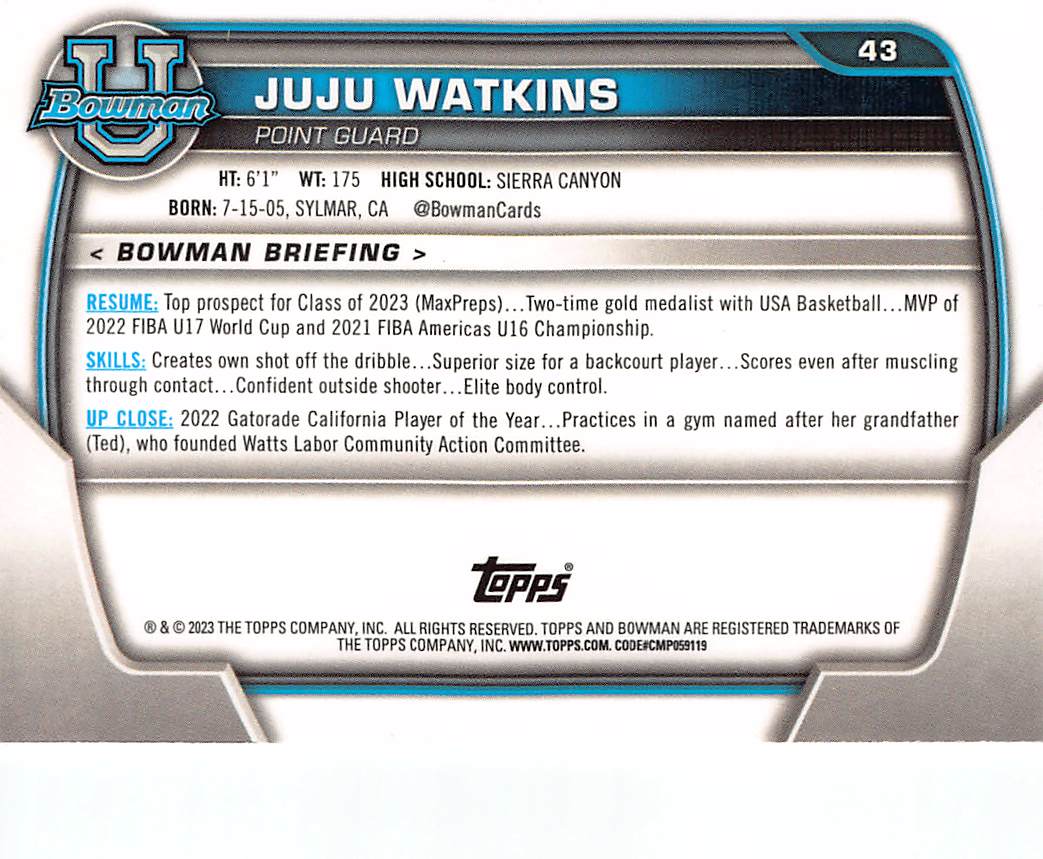 2023-24 Bowman Bowman U Best JuJu Watkins Rookie #43 USC Trojans