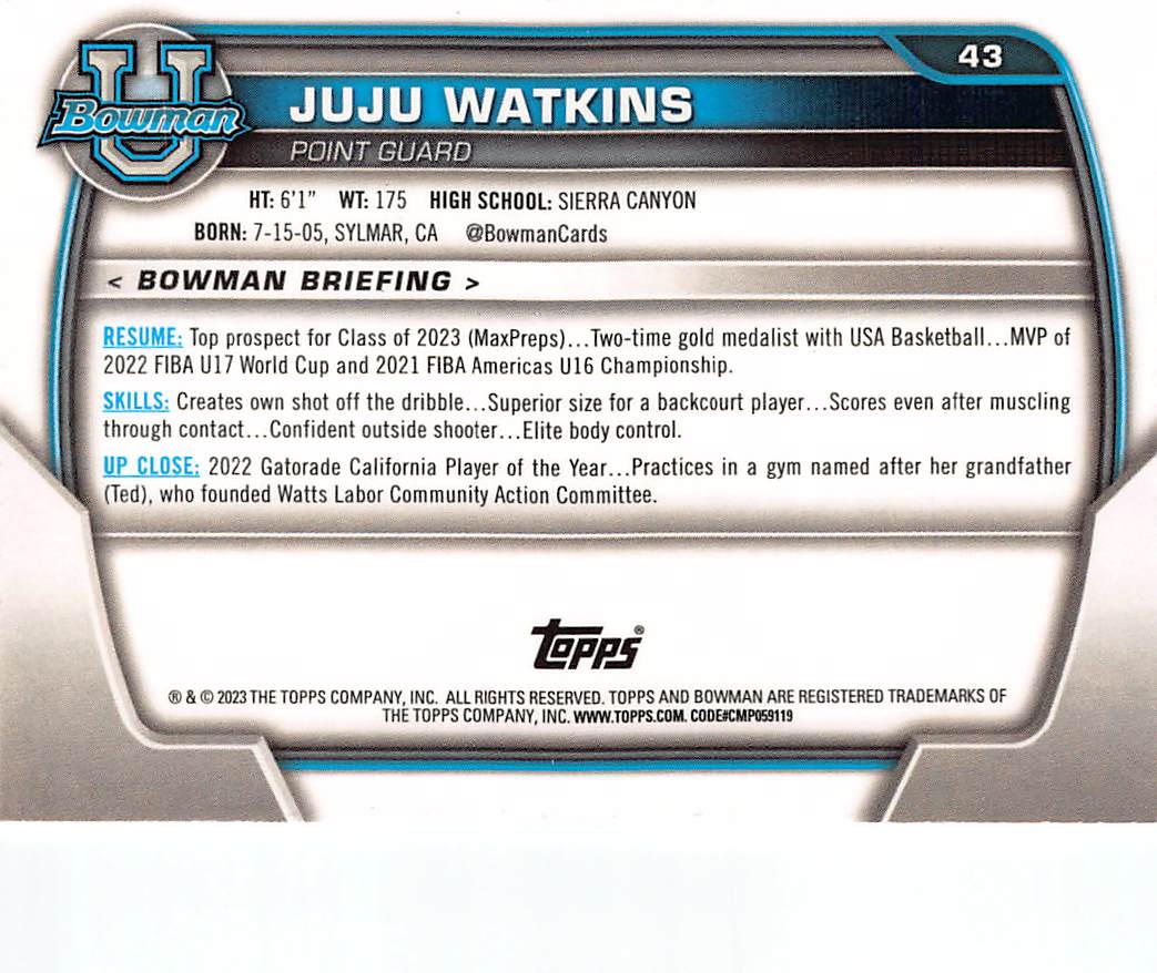 2023-24 Bowman University Best JuJu Watkins Rookie #43 USC Trojans