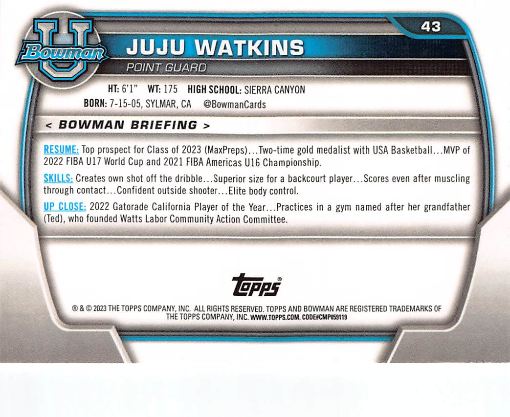 2023-24 Bowman University Best Basketball JuJu Watkins Rookie #43 USC Trojans