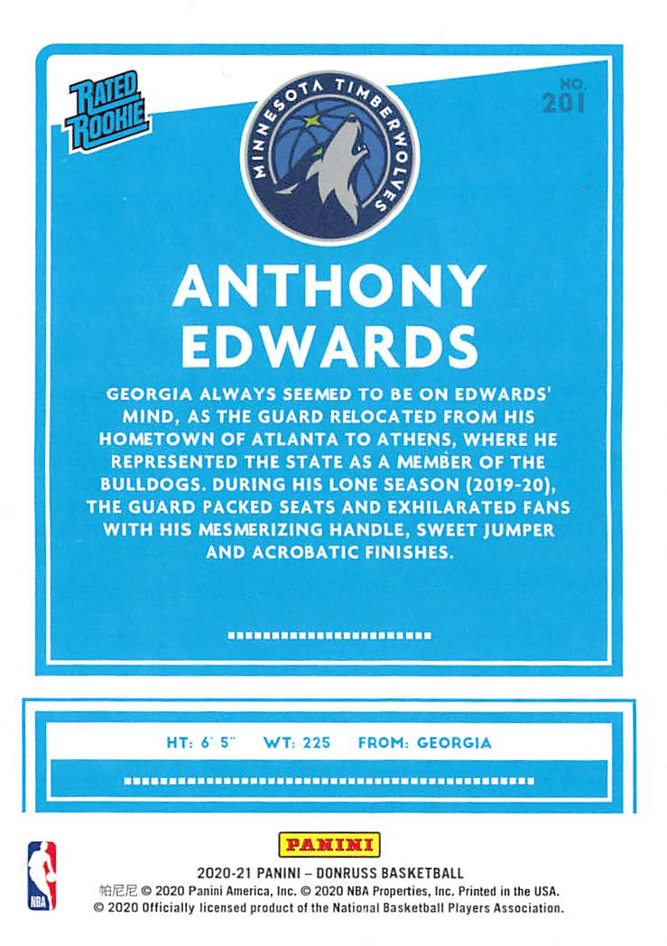 2020-21 Panini Donruss Anthony Edwards Rated Rookie #201 Minnesota Timberwolves