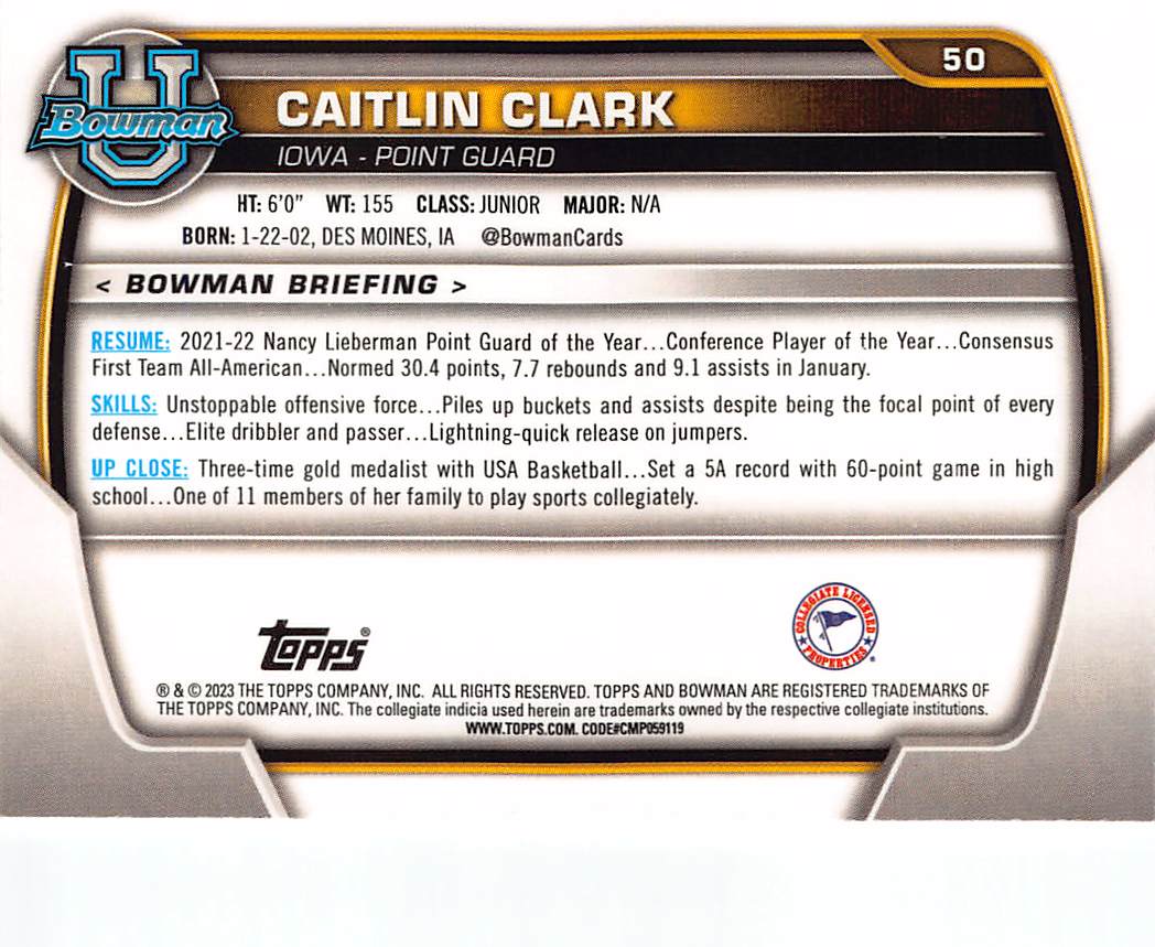 2023-24 Bowman University Chrome Caitlin Clark Rookie #50 Iowa Hawkeyes