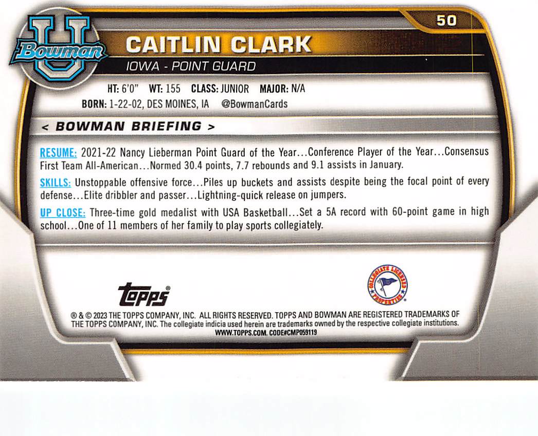 2023-24 Bowman University Caitlin Clark Rookie #50 Iowa Hawkeyes