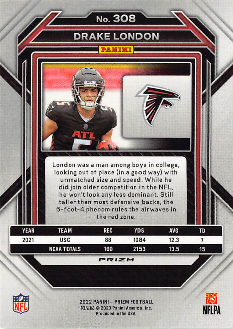 2022-23 Panini Prizm Football Drake London Silver Rookie RC #308 Atlanta Falcons