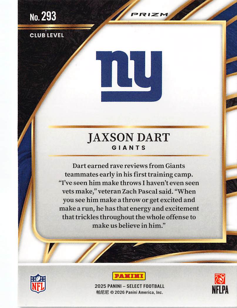 2026 Panini Select Football Jaxson Dart Silver Rookie RC #293 New York Giants