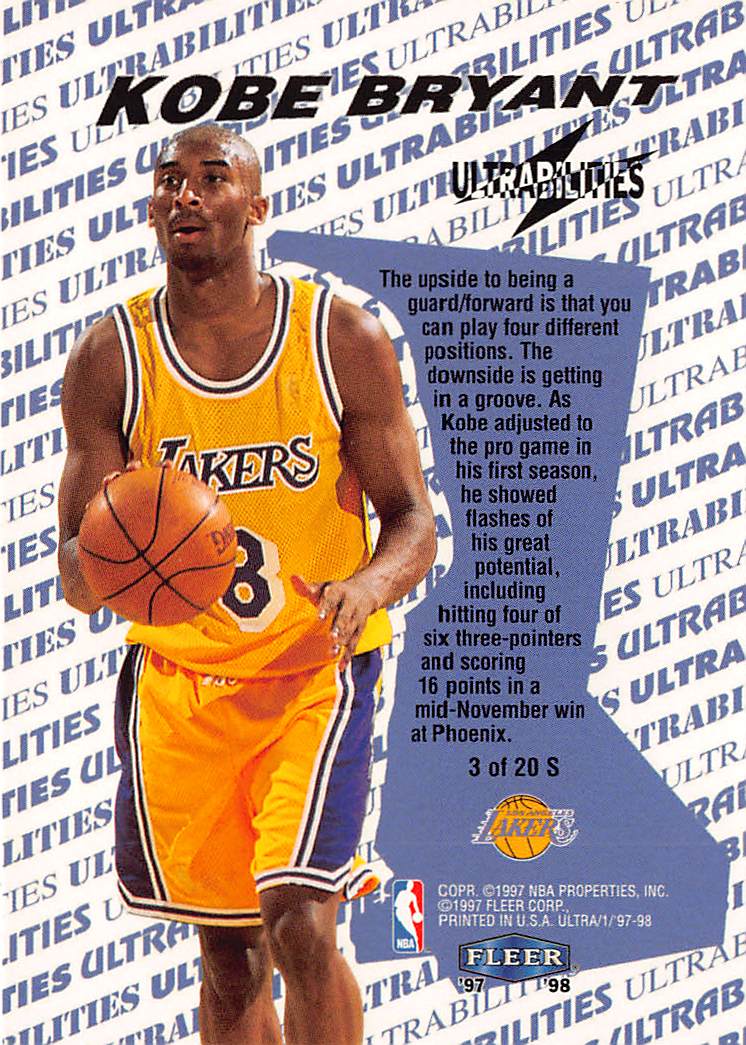 1997-98 Fleer Ultra Ultrabilities Kobe Bryant Starter #3 of 20 S Lakers