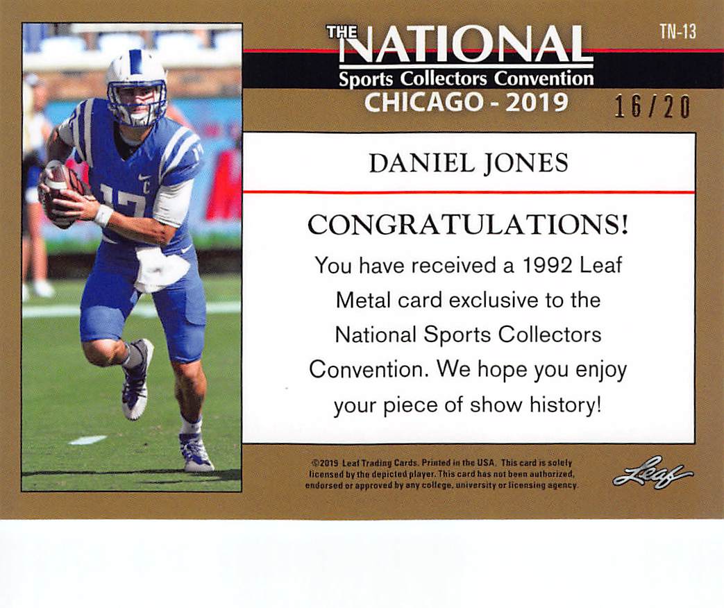 2019 Leaf Metal 1992 The National Daniel Jones Blue /20 Rookie #TN-13 Duke