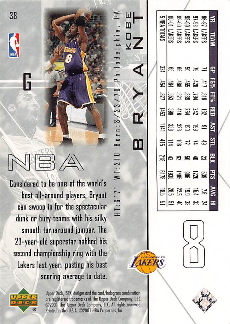 2001-02 Upper Deck SPx Kobe Bryant #38 Los Angeles Lakers