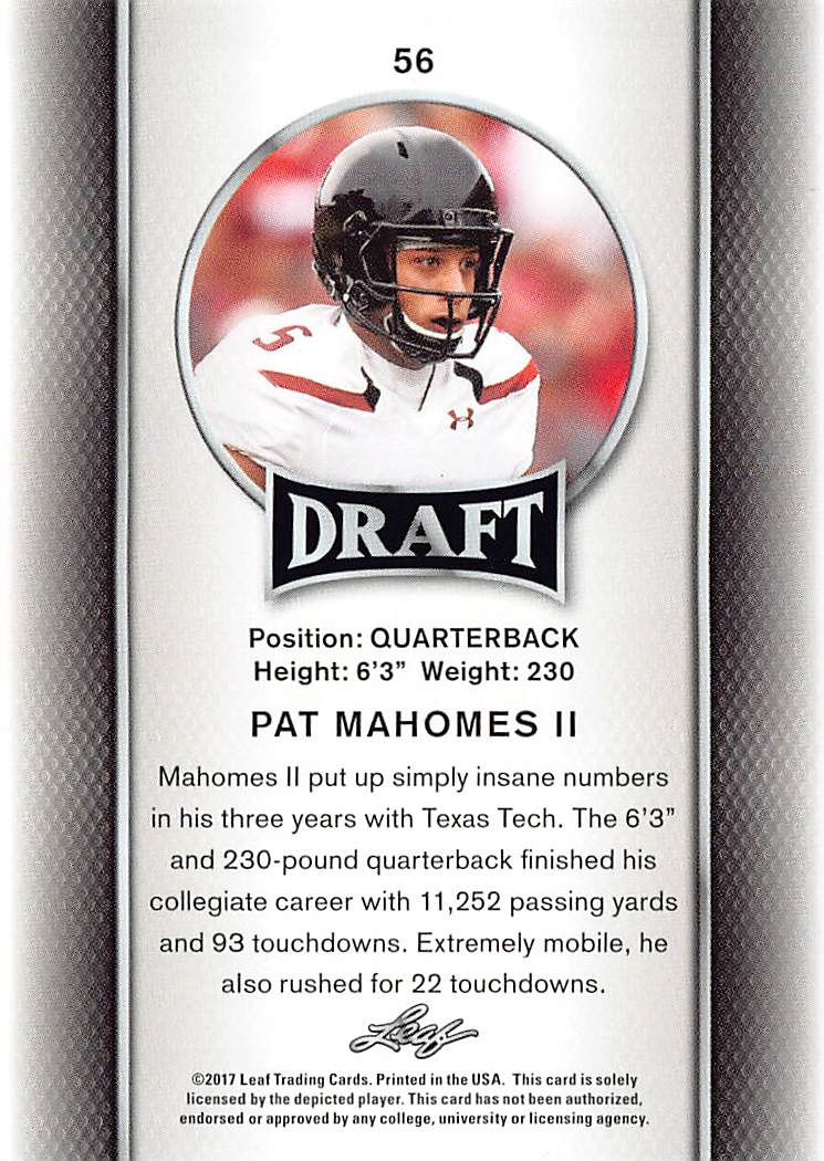 2017 Leaf Draft Patrick Mahomes II Rookie #56 Texas Tech Red Raiders